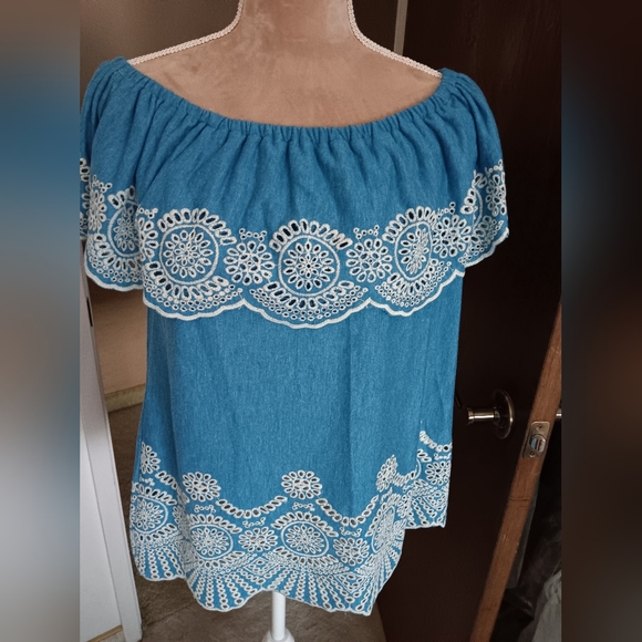 SOLD! Sale 🌞 Fever~Chambray Off the Shoulder White Eyelet Embroidered Top - Picture 12 of 15